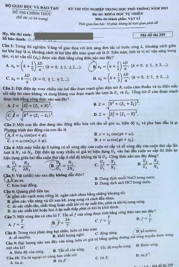 Đề thi Lý THPT Quốc gia 2023