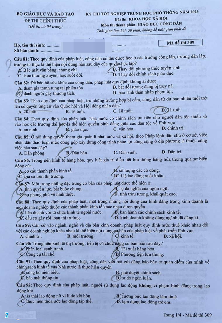 Đáp án đề thi Giáo dục công dân THPT Quốc gia 2023