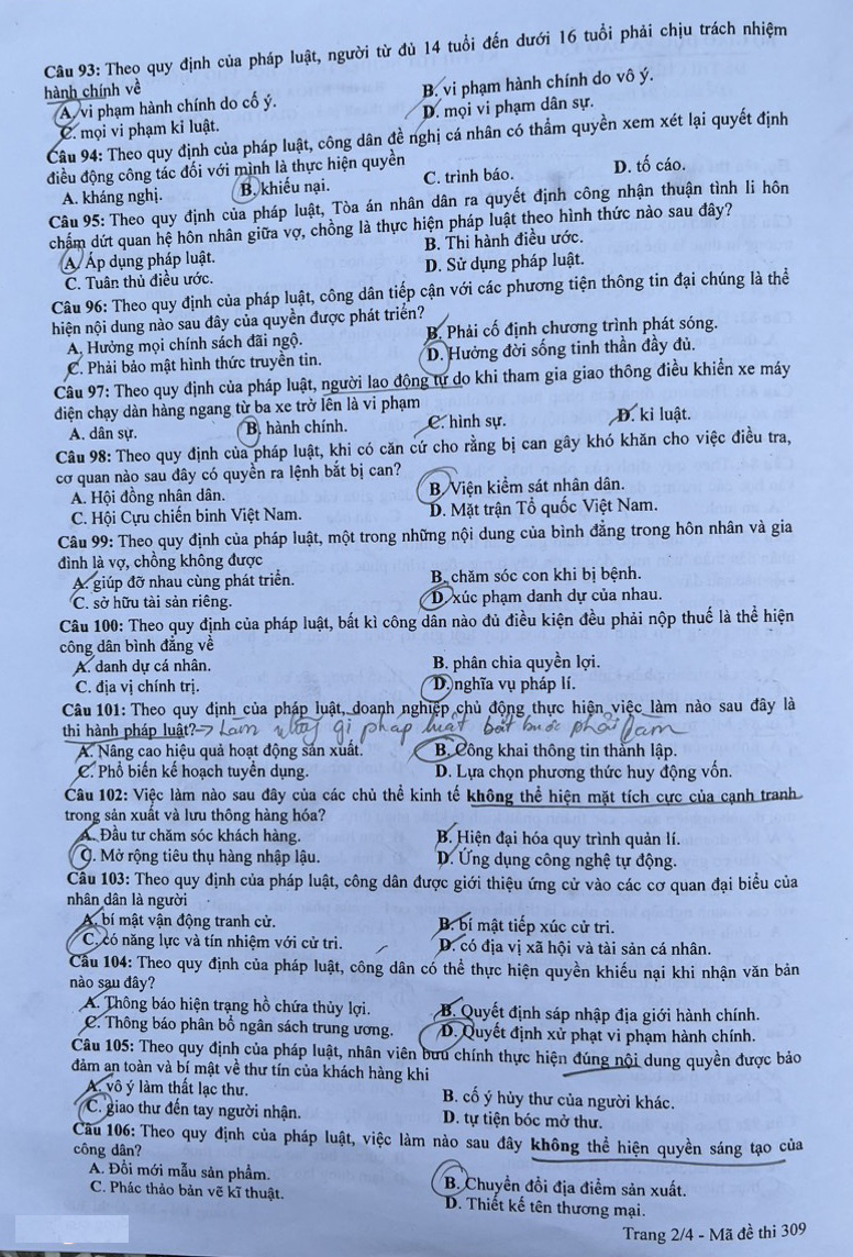 Đáp án đề thi Giáo dục công dân THPT Quốc gia 2023