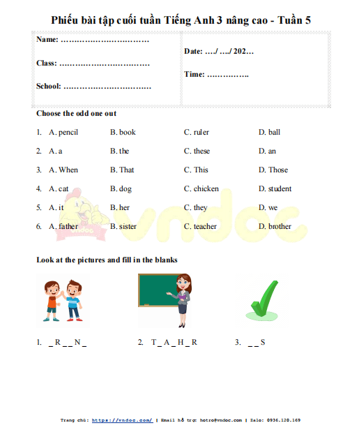 Tiếng Anh lớp 3 Unit 3 có đáp án