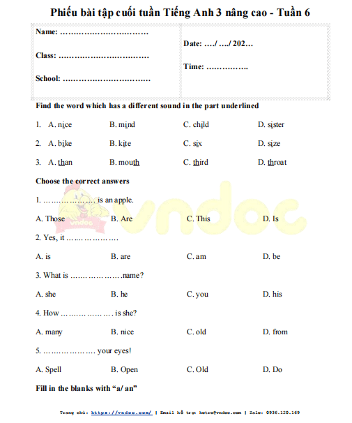 Tiếng Anh lớp 3 Unit 3 có đáp án