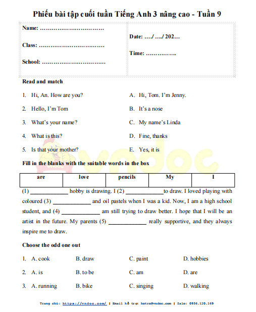 Phiếu bài tập cuối tuần Tiếng Anh 3 Global Success nâng cao - Tuần 9