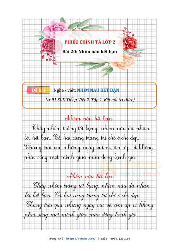 phieu chinh ta lop 2 tuan 11 bai 20 nghe viet nhim nau ket ban trang 91 h2*520290