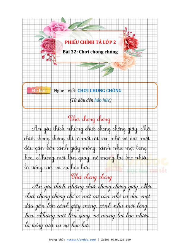 phieu chinh ta lop 2 tuan 17 bai 32 nghe viet choi chong chong trang 134 h2*520430