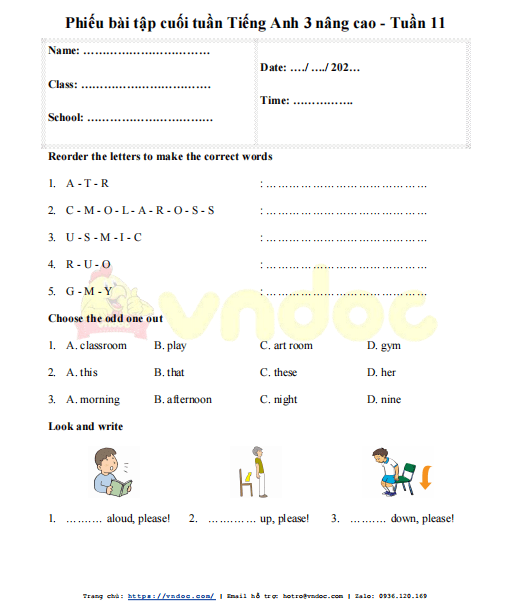 Bài tập Tiếng Anh lớp 3 Unit 7 có đáp án