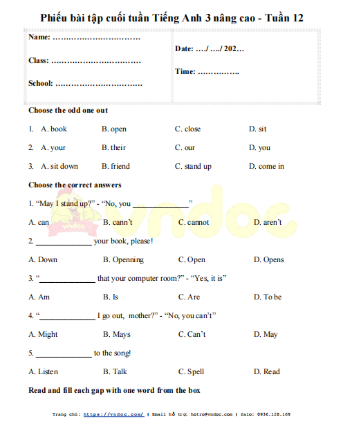 Tiếng Anh lớp 3 Unit 7 có đáp án