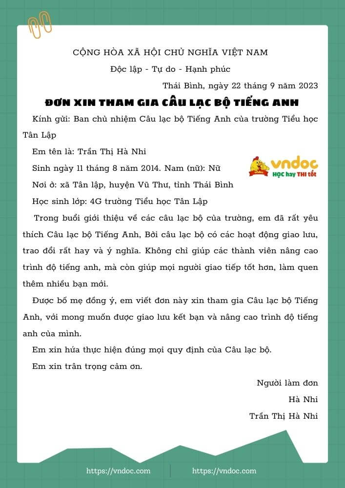 Viết đơn xin tham gia câu lạc bộ em yêu thích