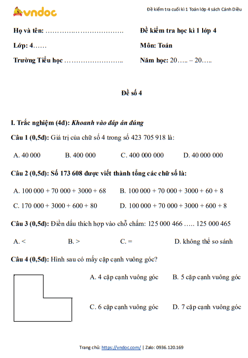 đề thi toán lớp 4 học kì 1 ctst
