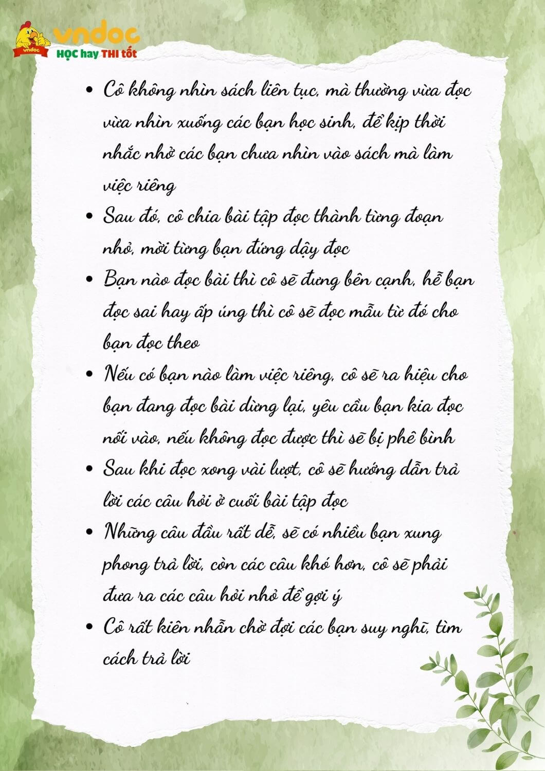 Lập dàn ý Tả cô giáo đang giảng bài