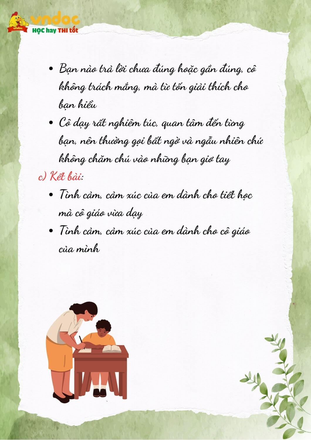 Lập dàn ý Tả cô giáo đang giảng bài