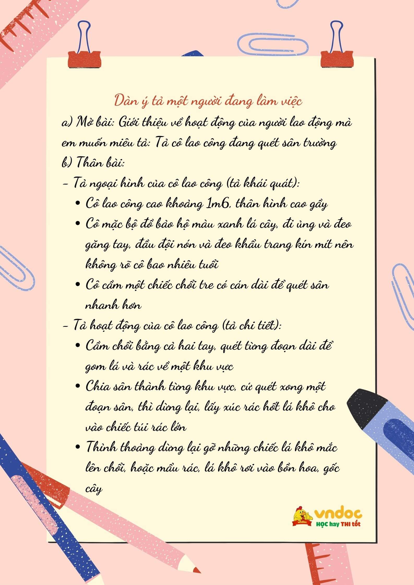Lập dàn ý Tả người lao động đang làm việc