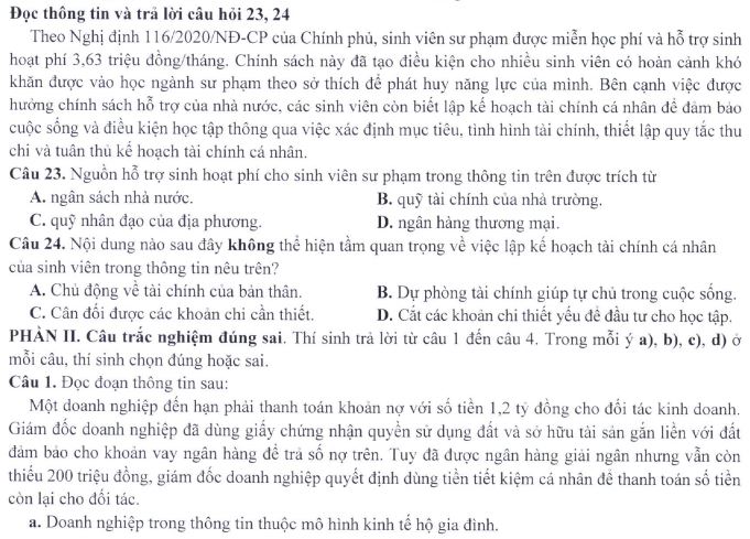 Đề minh họa thi THPT Quốc gia môn Giáo dục Kinh tế và Pháp luật