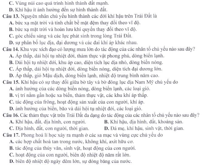 Đề minh họa thi THPT Quốc gia môn Địa lí