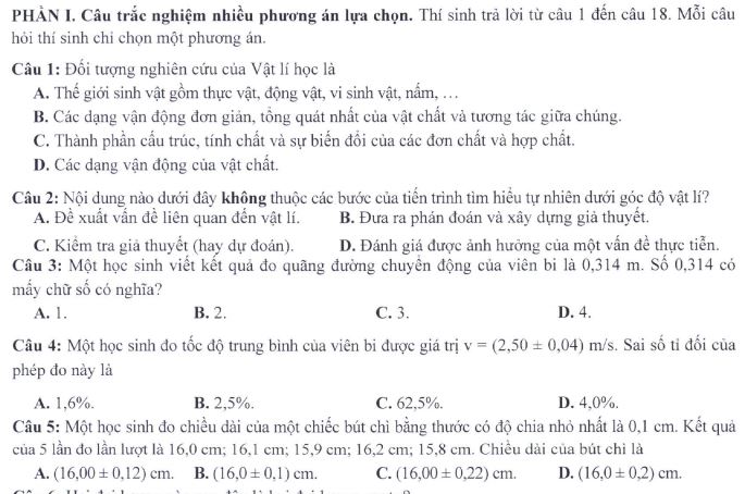Đề thi THPT Quốc gia môn Vật lí