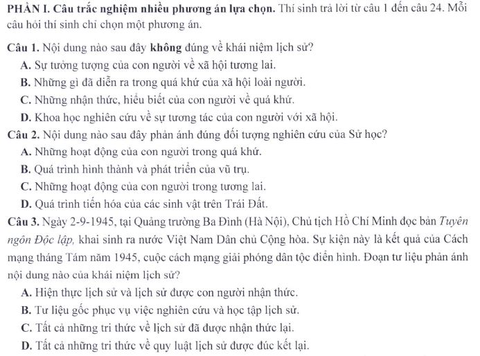 Đề minh họa thi THPT Quốc gia môn Lịch sử