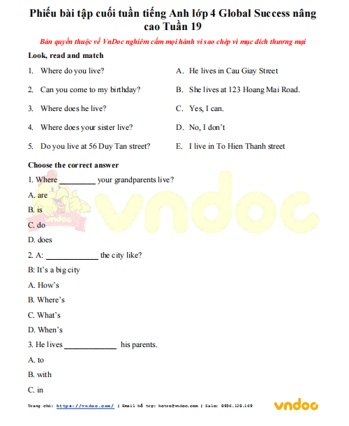 Bộ bài tập cuối tuần tiếng Anh 4 Global success học kì 2