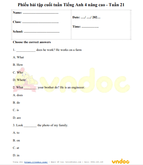 Phiếu bài tập cuối tuần tiếng Anh lớp 4 Global success nâng cao Tuần 21