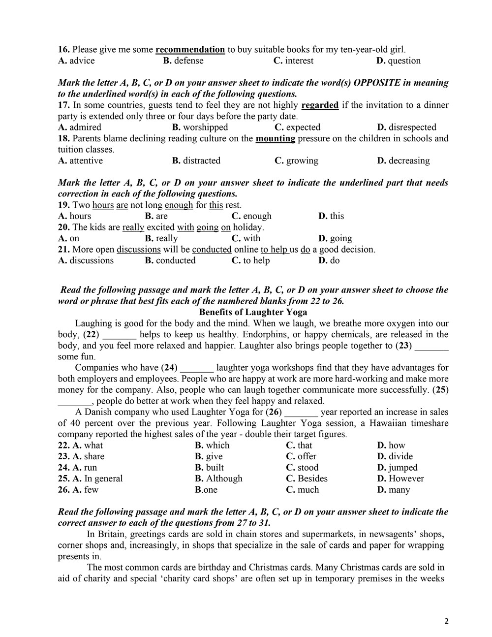Đề thi vào lớp 10 môn tiếng Anh Vĩnh Phúc