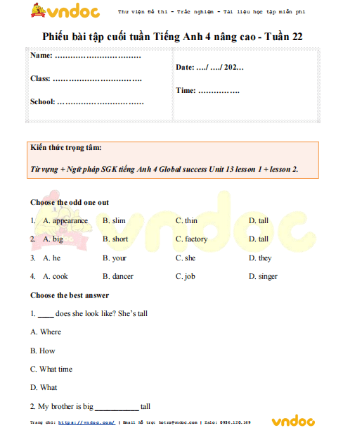 Phiếu bài tập cuối tuần tiếng Anh lớp 4 Global success nâng cao Tuần 22