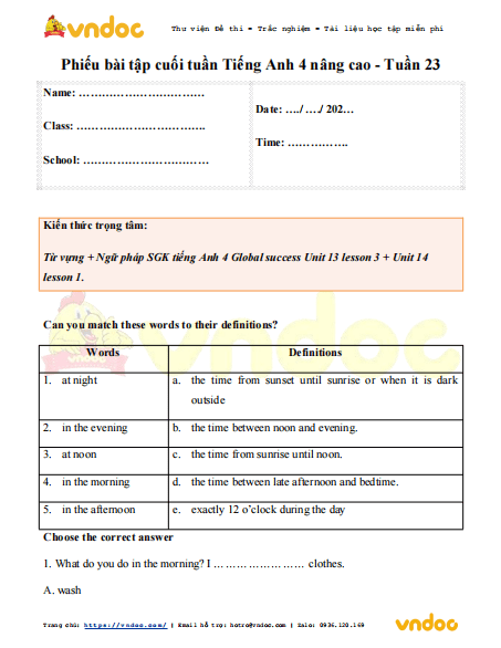 Phiếu bài tập cuối tuần tiếng Anh lớp 4 Global success nâng cao Tuần 22