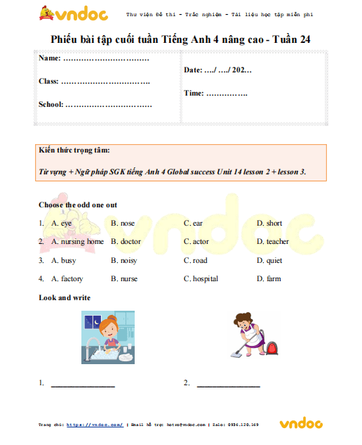 Phiếu bài tập cuối tuần tiếng Anh lớp 4 Global success nâng cao Tuần 24