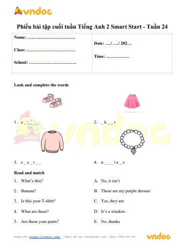 Đề kiểm tra cuối tuần môn Tiếng Anh lớp 2 Smart Start Tuần 24