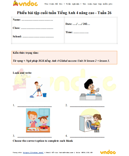 Phiếu bài tập cuối tuần tiếng Anh lớp 4 Global success nâng cao Tuần 26
