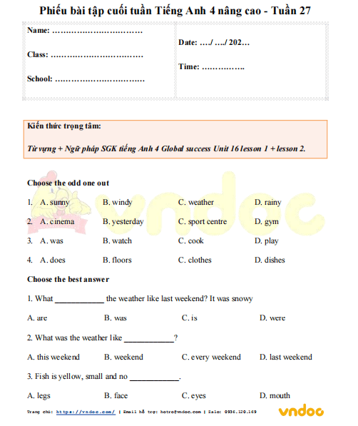 Bộ bài tập cuối tuần tiếng Anh 4 Global success học kì 2