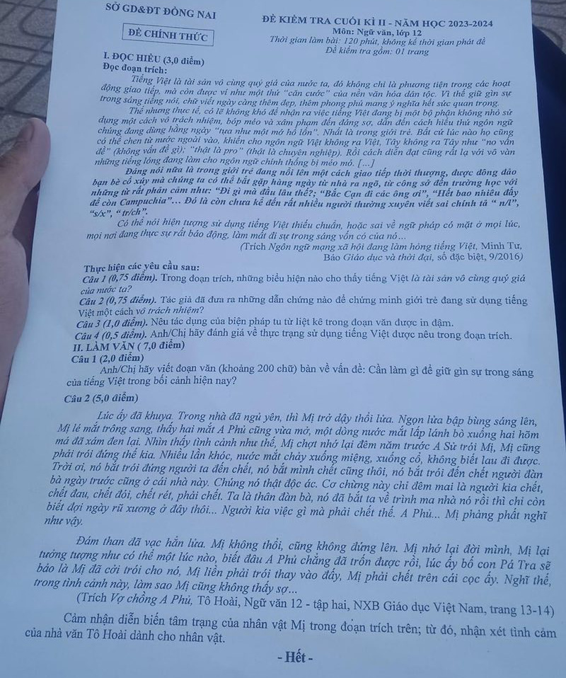 Đề thi học kì 2 môn Văn 12 tỉnh Đồng Nai 2024