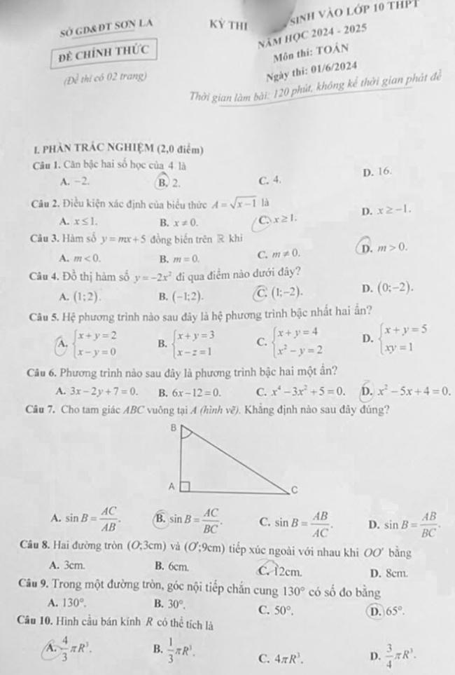 Đáp án đề thi vào 10 môn toán năm 2024 tỉnh Sơn La ảnh 1