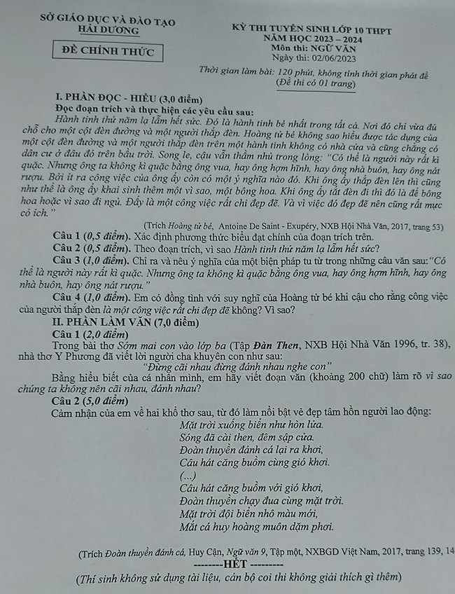 Đáp án đề thi vào lớp 10 môn Văn Hải Dương 2023