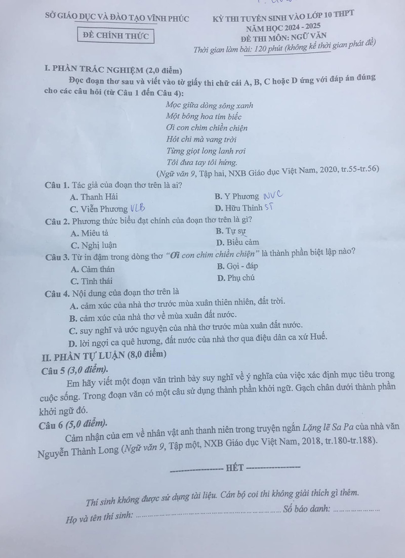 đề thi tuyển sinh vào lớp 10 môn văn Vĩnh Phúc năm học 2024 - 2025