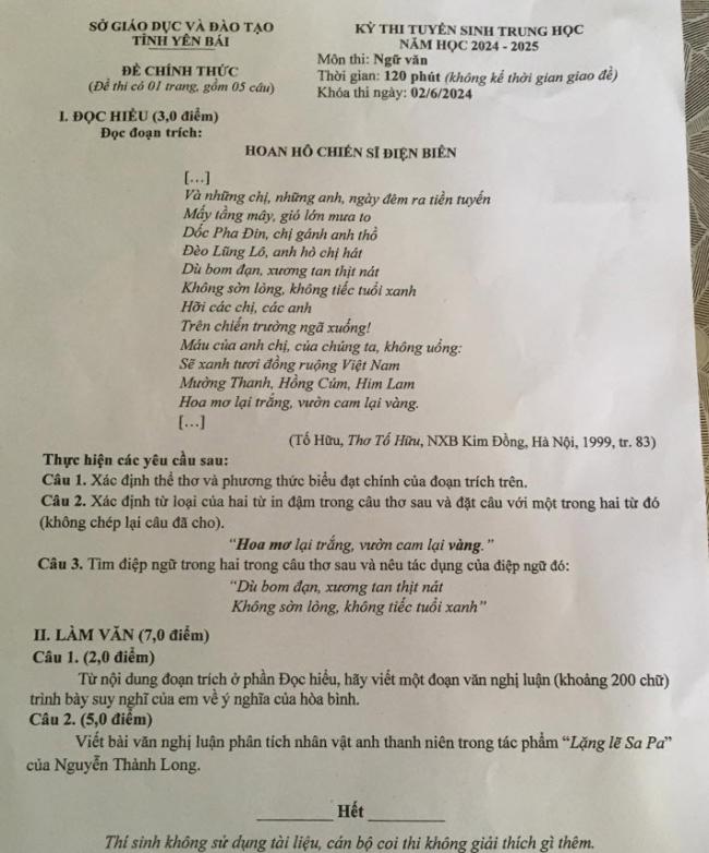 đề thi tuyển sinh lớp 10 môn Văn Yên Bái 2024