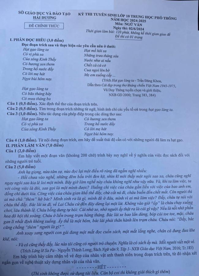đề thi vào lớp 10 môn Văn Hải Dương 2024