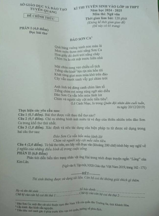 đề thi vào lớp 10 môn văn Tuyên Quang 2024