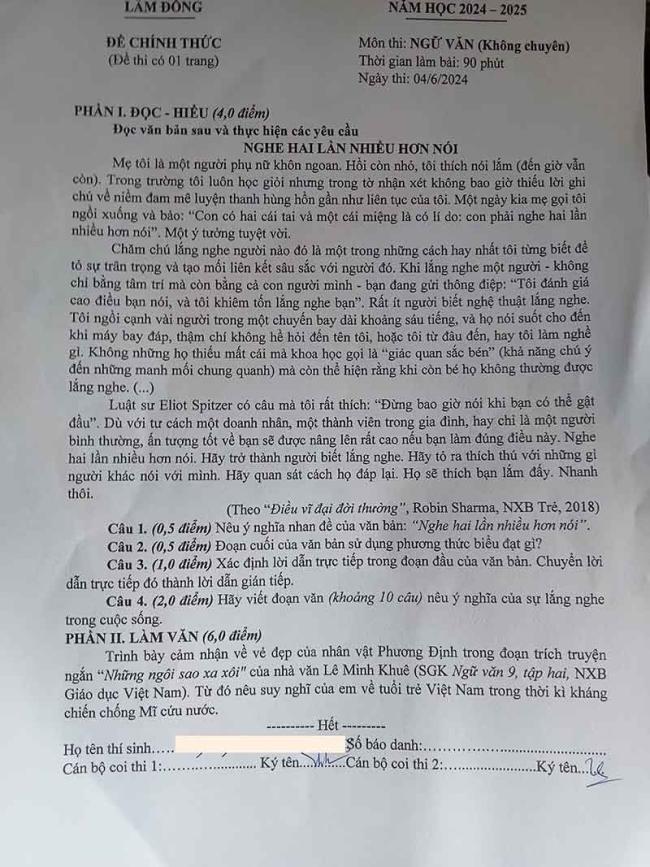 Đáp án đề thi tuyển sinh lớp 10 môn Văn 2024 Lâm Đồng