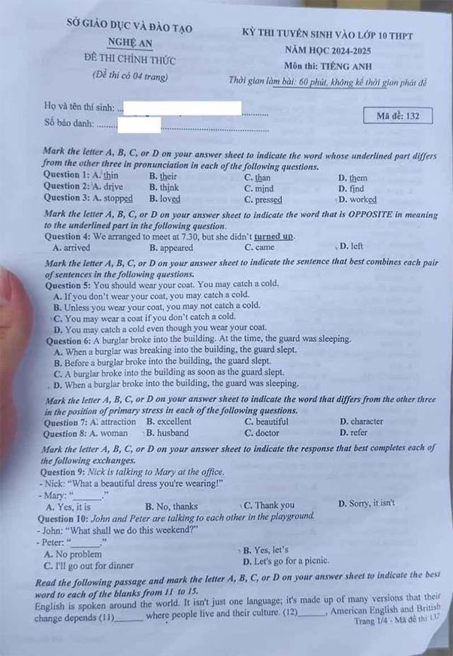 Đề thi tuyển sinh vào lớp 10 môn tiếng Anh Nghệ An