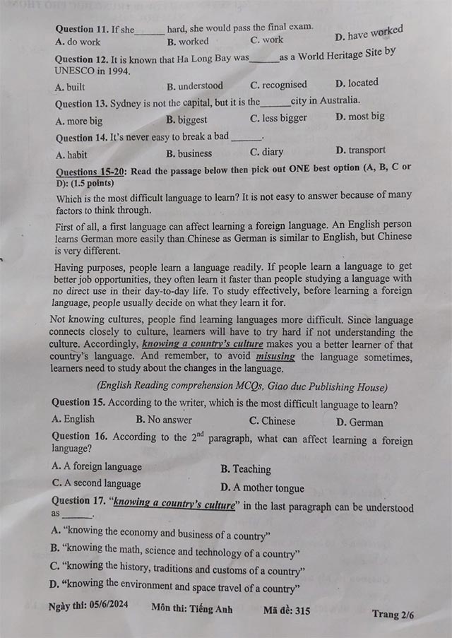 Đề thi tuyển sinh vào lớp 10 môn tiếng Anh Tiền Giang 