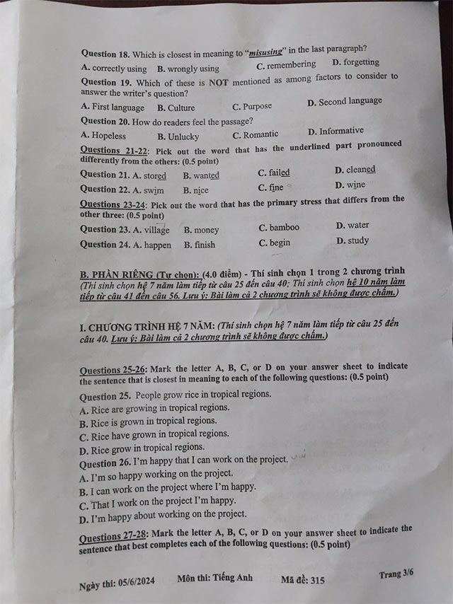  Đề thi tuyển sinh vào lớp 10 môn tiếng Anh Tiền Giang 