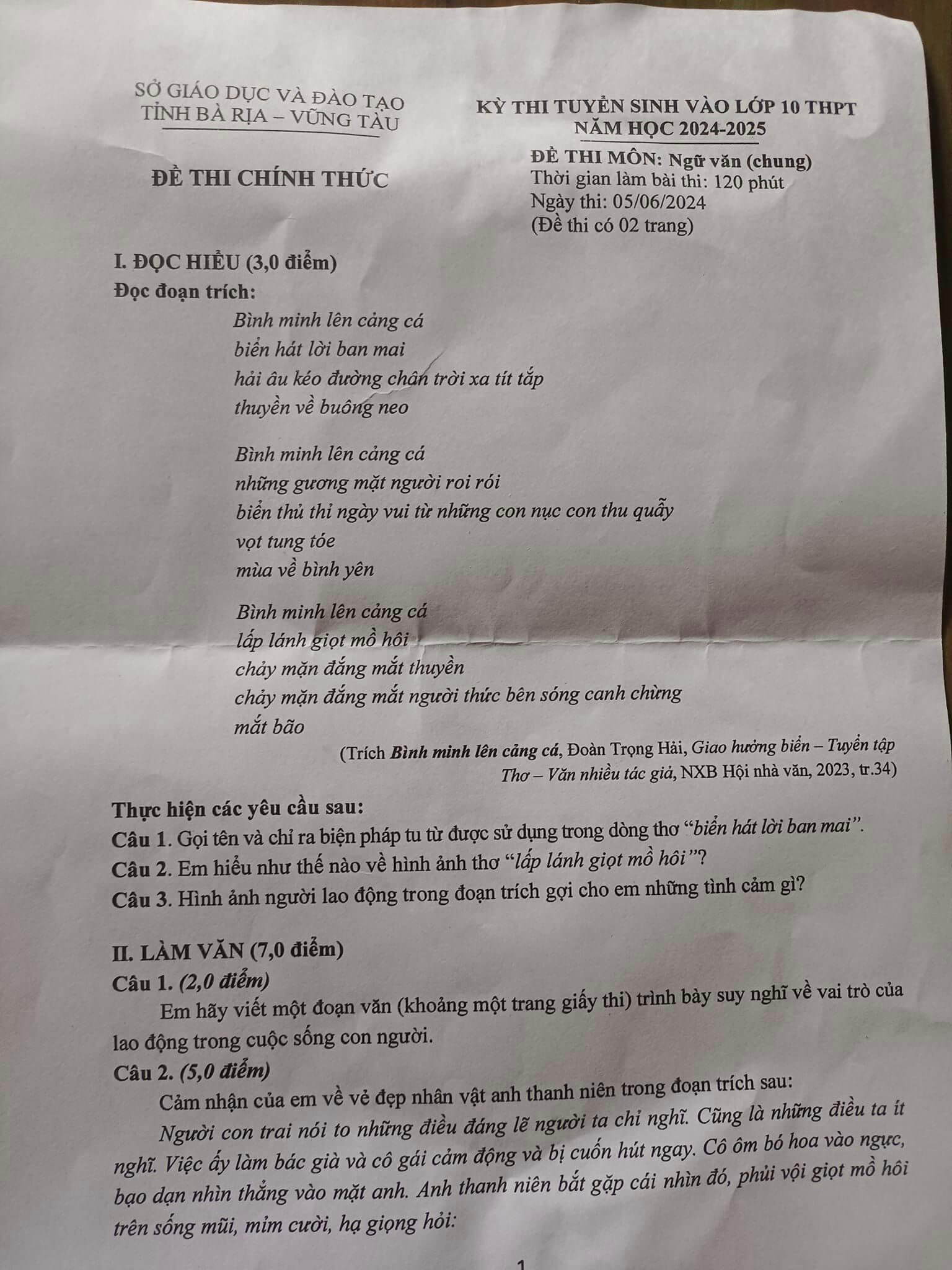 Đề thi vào lớp 10 môn văn Bà Rịa Vũng Tàu 2024 trang 1
