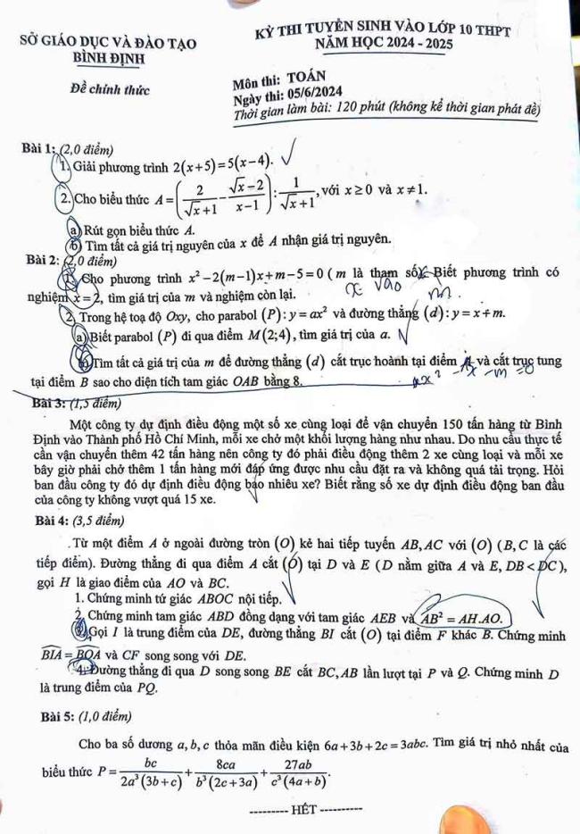 Đáp án đề thi vào lớp 10 môn toán Bình Định 2024 - 2025