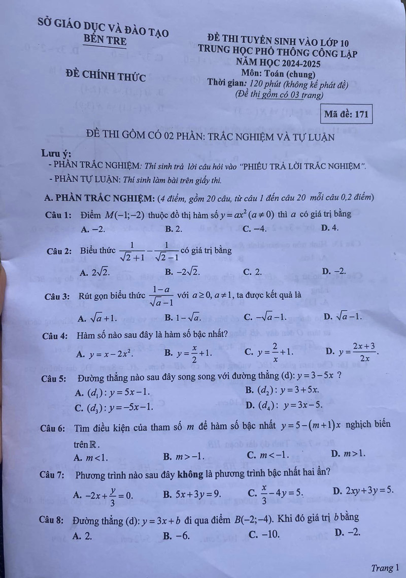 Đáp án mã đề 171