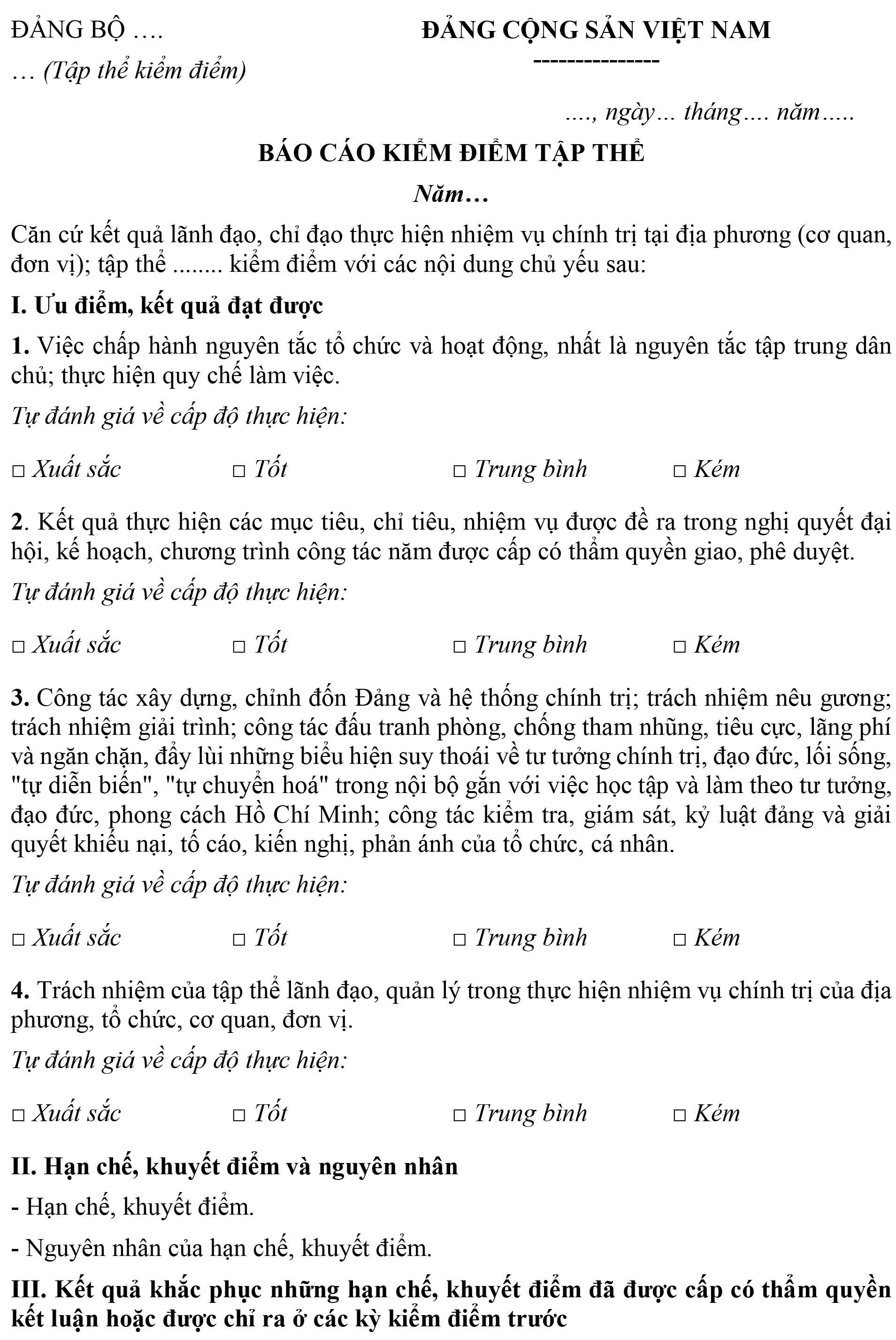 Mẫu bản kiểm điểm tập thể