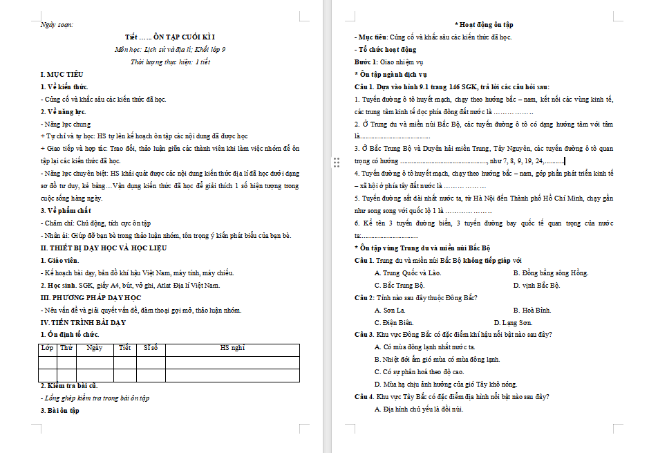 Ôn tập cuối học kì 1 Địa lí 9