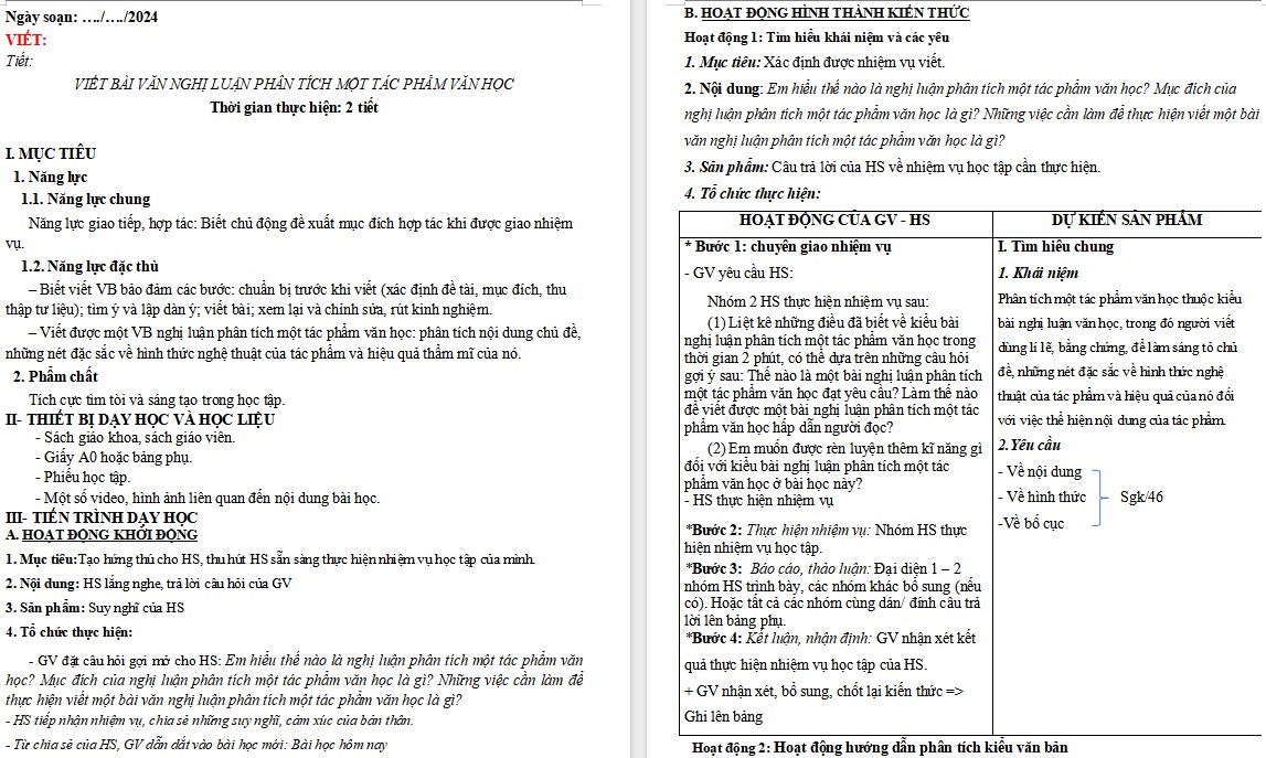 Kế hoạch bài dạy bài Viết bài văn nghị luận phân tích một tác phẩm văn học lớp 9 CTST
