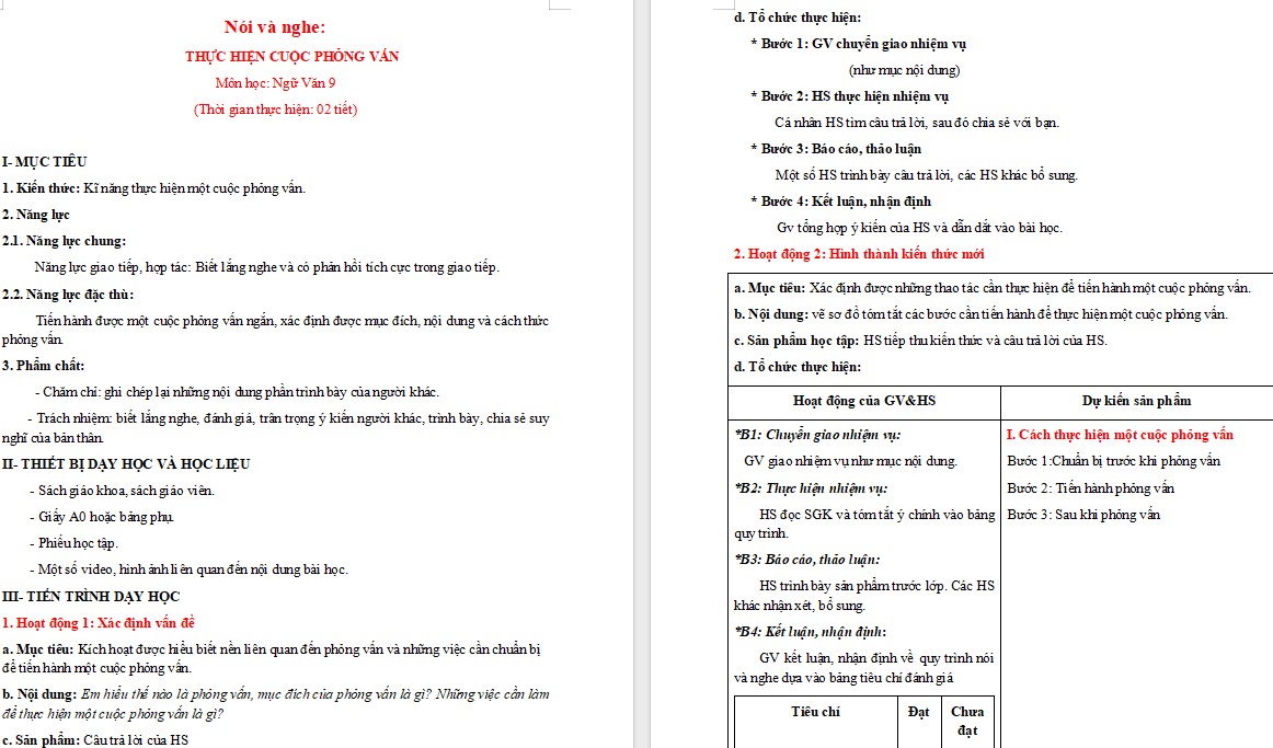 KHBD bài Nói và nghe Bài 5 Ngữ văn 9 CTST