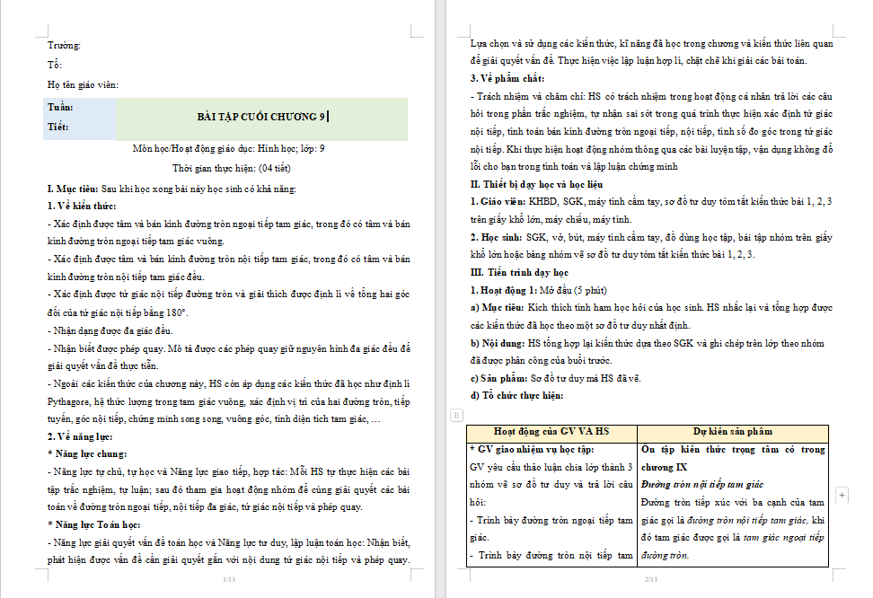 Giáo án Toán 9 Bài tập cuối chương 9