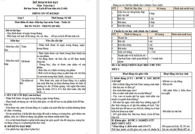 Giáo án STEM Lịch để bàn tiện ích