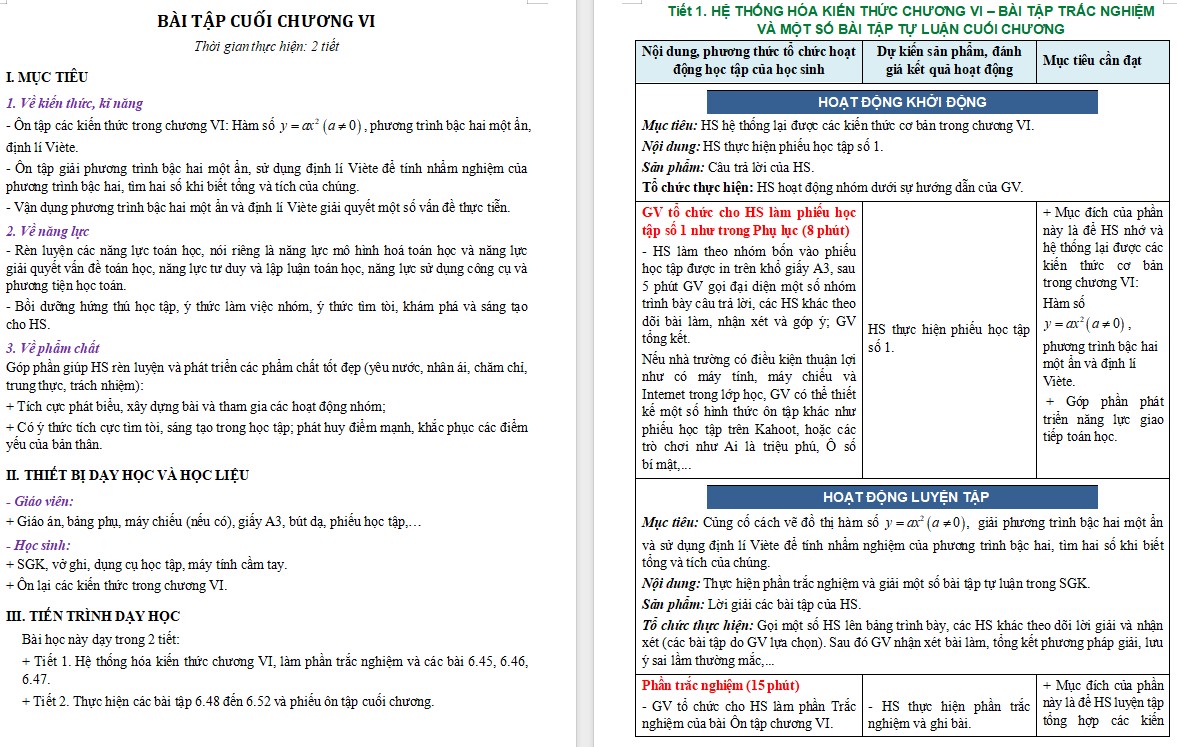 Giáo án Toán 9 KNTT Bài Ôn tập Chương 6