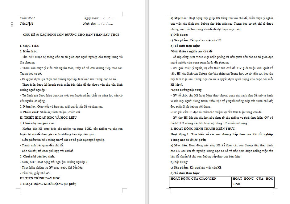 Giáo án Hoạt động trải nghiệm 9 Chủ đề 9